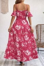 Kadın Ip Askılı Kısa Kollu Kruvaze Yakalı Yırtmaçlı Desenli Süprem Elbise - Görsel 3