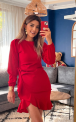 Kadın Uzun Kollu Bisiklet Yaka önden Volanlı Ithal Krep Elbise - Görsel 11