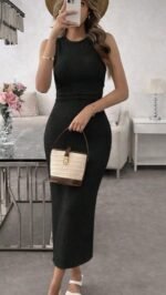 Kadın Askılı Bisiklet Yaka Beli Büzgülü Uzun Bürümcük Elbise - Görsel 2