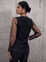 Kadın Uzun Kollu Bisiklet Yaka Kollar Puantiyeli Tül Detaylı Sandy Bluz - Görsel 4