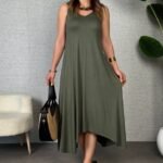 Kadın çan Dokuma Kumaş V Yaka Asimetrik Kesim Elbise