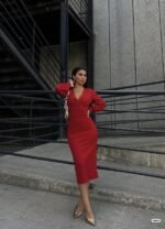 Kadın Kruvaze Yaka Balon Kol Simli Krep Kumaş Midi Boy Elbise - Görsel 4