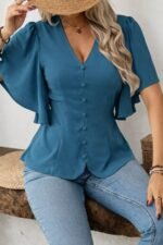 Kadın Kısa Kollu önden Düğmeli Ithal Krep Bluz - Görsel 4