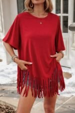 Kadın Kısa Kollu Bisiklet Yaka Püsküllü Viskon Bluz - Görsel 2