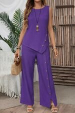 Kadın Askılı Yuvarlak Yakalı önü Asimetrik Detaylı Düğmeli Aerobin Bluz Ve Pantolon Ikili Takım