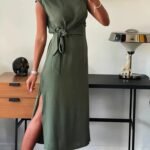 Kadın Kısa Kollu Yuvarlak Yaka Belden Bağcıklı önden Yırtmaçlı Aerobin Elbise