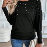 Kadın Uzun Kollu Yuvarlak Yaka Incili Viskon Bluz