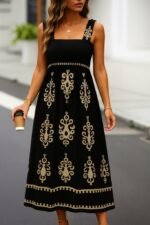 Kadın Askılı Kare Yaka Gipe Detaylı Desenli Suprem Elbise - Görsel 8