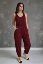 Kadın Askılı Yuvarlak Yakalı Cepli Viskon Tulum - Görsel 3