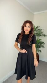 Kadın Kısa Kollu Bisiklet Yaka Gold Düğme Detay Midi Boy Elbise - Görsel 5