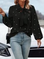 Kadın Uzun Kollu Yakadan Fiyonklu Incili Ithal Krep Bluz - Görsel 5