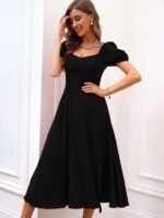 Kadın Kısa Kollu Kare Yakalı Yırtmaçlı Midi Janjan Krep Elbise - Görsel 4