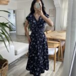 Kadın Kısa Kollu Kruvaze Yakalı Beli Lastikli çiçek Desenli Elbise