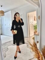 Kadın şifon Kumaş Astalı Kloş Kesim Kruvaze Yaka Midi Boy Elbise - Görsel 4