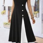 Kadın Kısa Kollu Asimetrik Yakalı Düğme Detaylı Midi Viskon Elbise