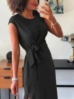 Kadın Kısa Kollu Yuvarlak Yaka Belden Bağcıklı önden Yırtmaçlı Aerobin Elbise - Görsel 2