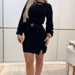 Kadın Uzun Kollu Yuvarlak Yakalı Kısa Triko Elbise