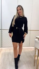 Kadın Uzun Kollu Yuvarlak Yakalı Kısa Triko Elbise