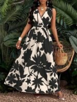 Kadın Askılı Kruvaze Yakalı çiçek Desenli Uzun Süprem Elbise - Görsel 5