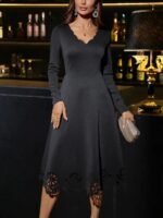 Kadın Uzun Kollu V Yakalı Lazer Kesim Detaylı Midi Ithal Krep Elbise - Görsel 2