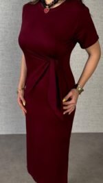 Kadın Kısa Kollu Bisiklet Yaka Yandan Bağlamalı Viskon Iki Iplik Elbise - Görsel 11