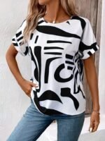 Kadın Kısa Kollu Yuvarlak Yaka Desenli Süprem Bluz - Görsel 2