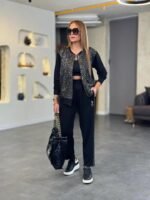 Kadın Uzun Kollu önden Fermuarlı Leopar Desenli Viskon Iki Iplik Bluz Ve Pantolon Ikili Takım - Görsel 5