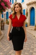 Kadın Kısa Kollu Kruvaze Yaka Krep Elbise (Kemersiz) - Görsel 8