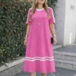 Kadın Kısa Kollu Bisiklet Yaka şerit Detaylı Midi Viskon Elbise