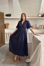 Lacivert Müslin Uzun Elbise - Görsel 3