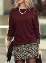 Kadın Uzun Kollu Bisiklet Yaka üst Viskon Iki Iplik Alt Leopar Desenli Mini Elbise - Görsel 3