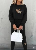 Kadın Uzun Kollu Bisiklet Yaka Kalp Desenli şardonlu üç Iplik Bluz Ve Pantolon Ikili Takım - Görsel 3