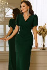 Kadın Kısa Kollu Kruvaze Yakalı Belden çiçek Aksesuarlı Yırtmaçlı Ithal Krep Elbise - Görsel 2