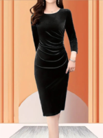 Kadın Uzun Kollu Bot Yaka Yanı Taş Detaylı Midi Kadife Elbise - Görsel 5