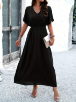 Kadın Kısa Kollu V Yakalı Beli Lastikli Uzun Viskon Elbise - Görsel 4