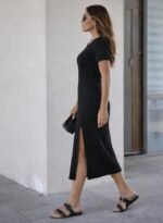 Kadın Kısa Kollu Bisiklet Yaka Yandan Yırtmaçlı Midi Viskon Elbise - Görsel 2