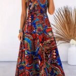 Kadın Askılı V Yakalı Desenli Uzun Süprem Elbise