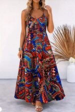 Kadın Askılı V Yakalı Desenli Uzun Süprem Elbise