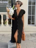 Kadın Kısa Kollu V Yakalı önden Düğmeli Bürümcük Midi Elbise - Görsel 5