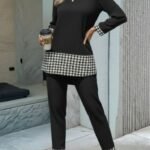 Kadın Uzun Kollu Yuvarlak Yakalı Kaz Ayağı Detaylı Viskon Iki Iplik Bluz Ve Pantolon Ikili Takım