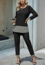 Kadın Uzun Kollu Yuvarlak Yakalı Kaz Ayağı Detaylı Viskon Iki Iplik Bluz Ve Pantolon Ikili Takım