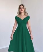 Kadın Kısa Kollu Kruvaze Yaka Eteği Volanlı Krep Elbise - Görsel 6