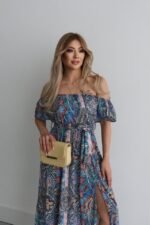 Kadın Kısa Kollu Madonna Yaka Fırfırlı Belden Yırtmaçlı Maksi Süprem Elbise - Görsel 5