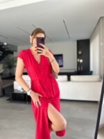 Kadınn V Yaka Düğme Detay Kuşak Dahil Elbise - Görsel 7