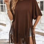 Kadın Kısa Kollu Bisiklet Yaka Püsküllü Viskon Bluz