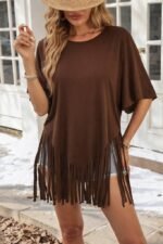 Kadın Kısa Kollu Bisiklet Yaka Püsküllü Viskon Bluz