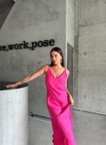 JAKARLI ASKILI SATEN ELBİSE ASİMETRİK - Pembe - Görsel 4