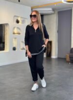 Kadın Uzun Kollu Ribana Ve Fermuar Detay Bluz Ve Yüksel Bel Pantolon 2li Takım - Görsel 6