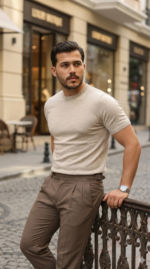 Erkek Basic Bisiklet Yaka Kısa Kollu Triko Tişört - %100 Pamuk Akrilik - Görsel 4