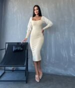 Kadın Kare Yaka Kolları Manşet Ve Tül Detay Fırsat ürün Midi Boy Elbise - Görsel 4